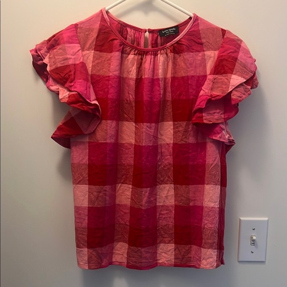 Kate Spade New York pink plaid Picnic woven flutter Sleeve Top size medium - Picture 3 of 9